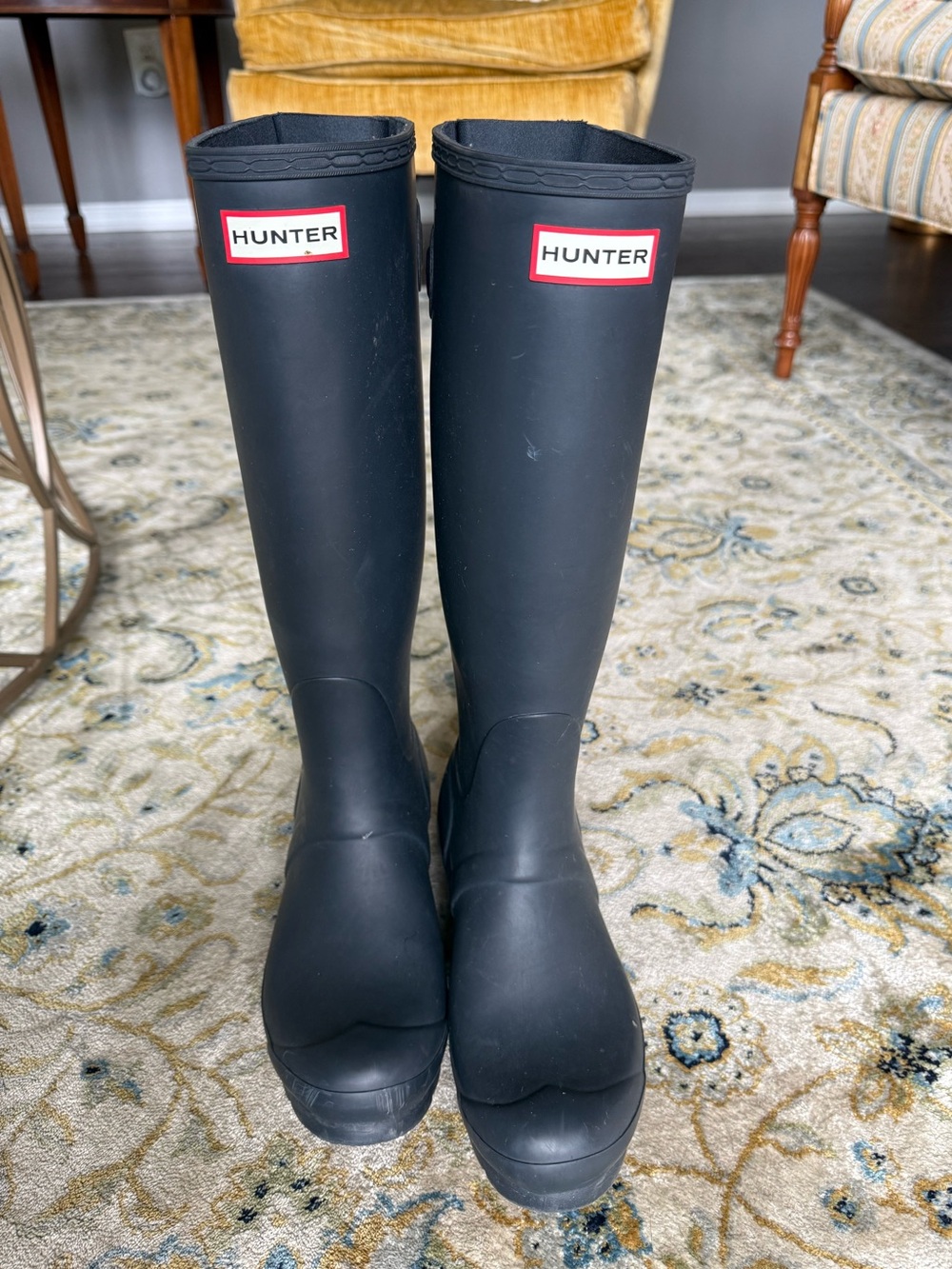 Hunter Navy Wide Calf Tall Rubber Rain Boots with Red Logo Trim